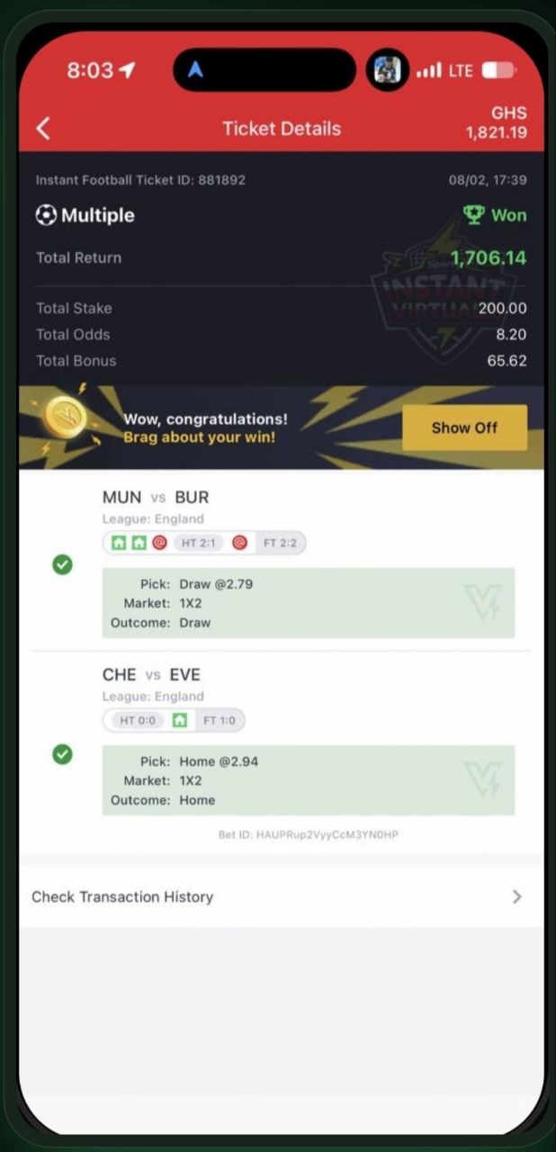 Won instant football multiple ticket showing GHS 1,706.14 total return